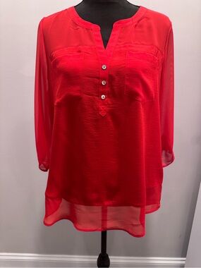 Red “EXPRESS” Women’s Split-Neck Blouse